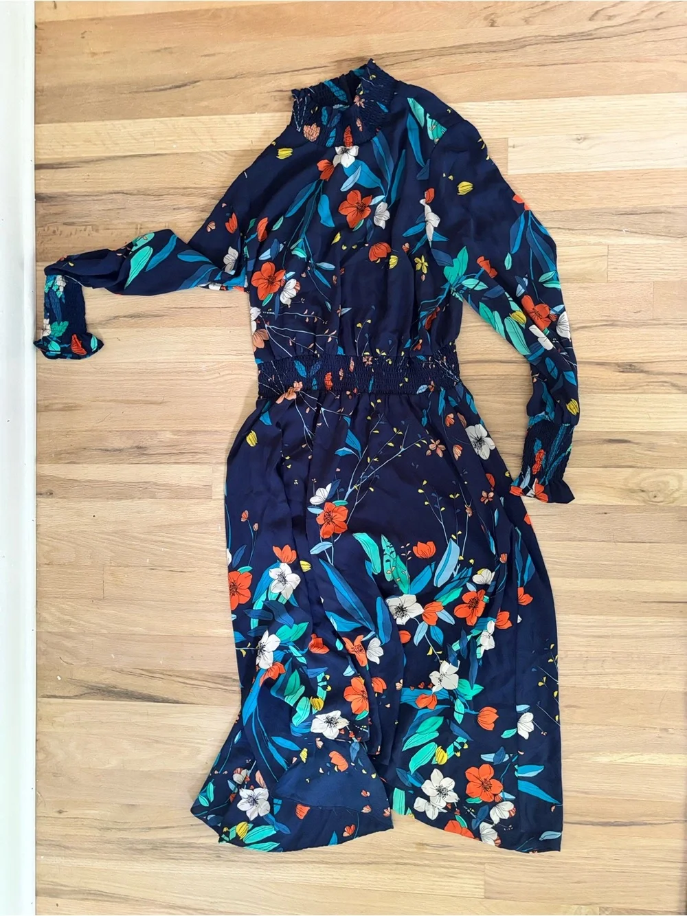 Nanette Lepore Navy Floral Maxi Dress with Teal & Orange Accents